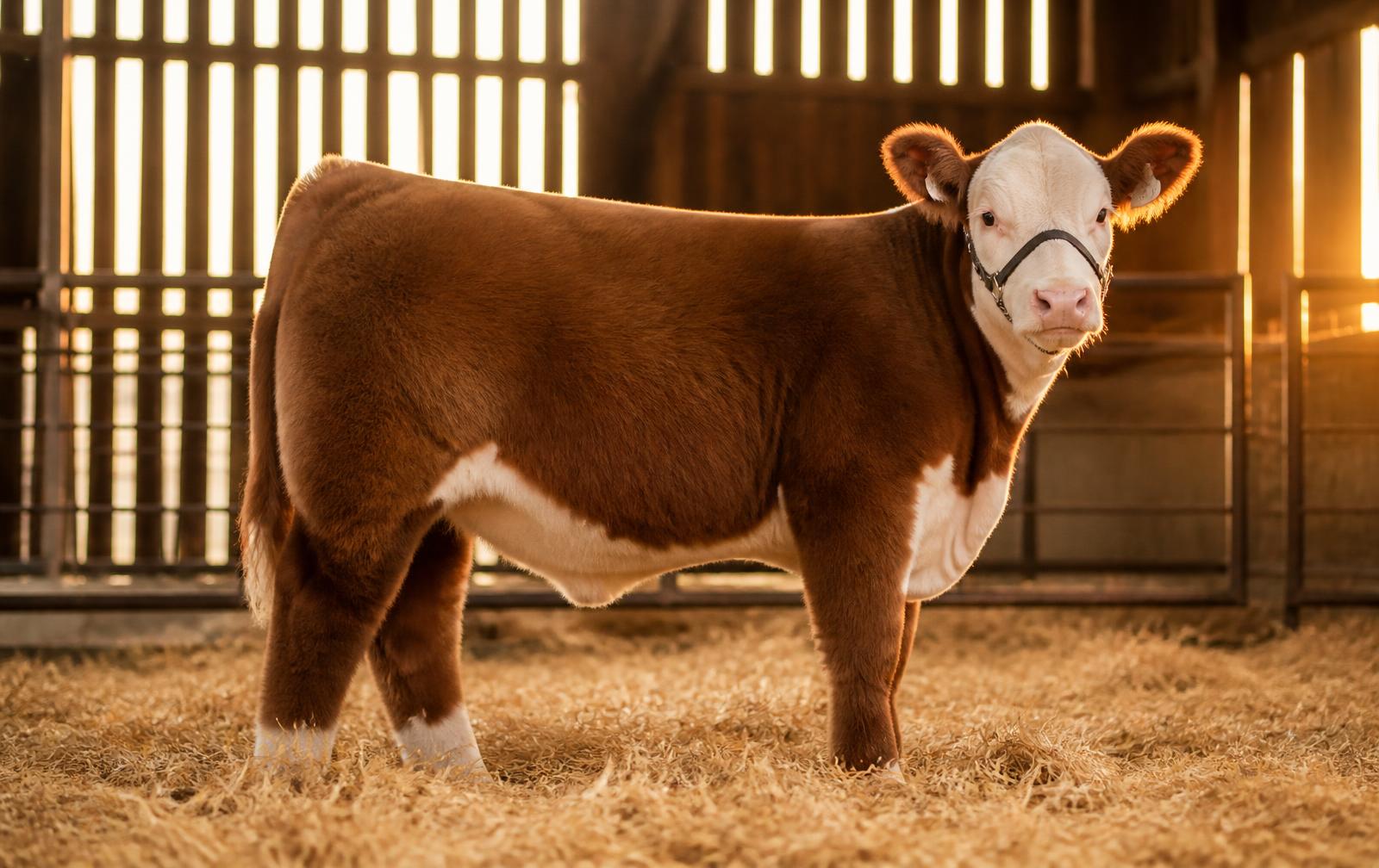 Show steer standing in a barn at golden hour